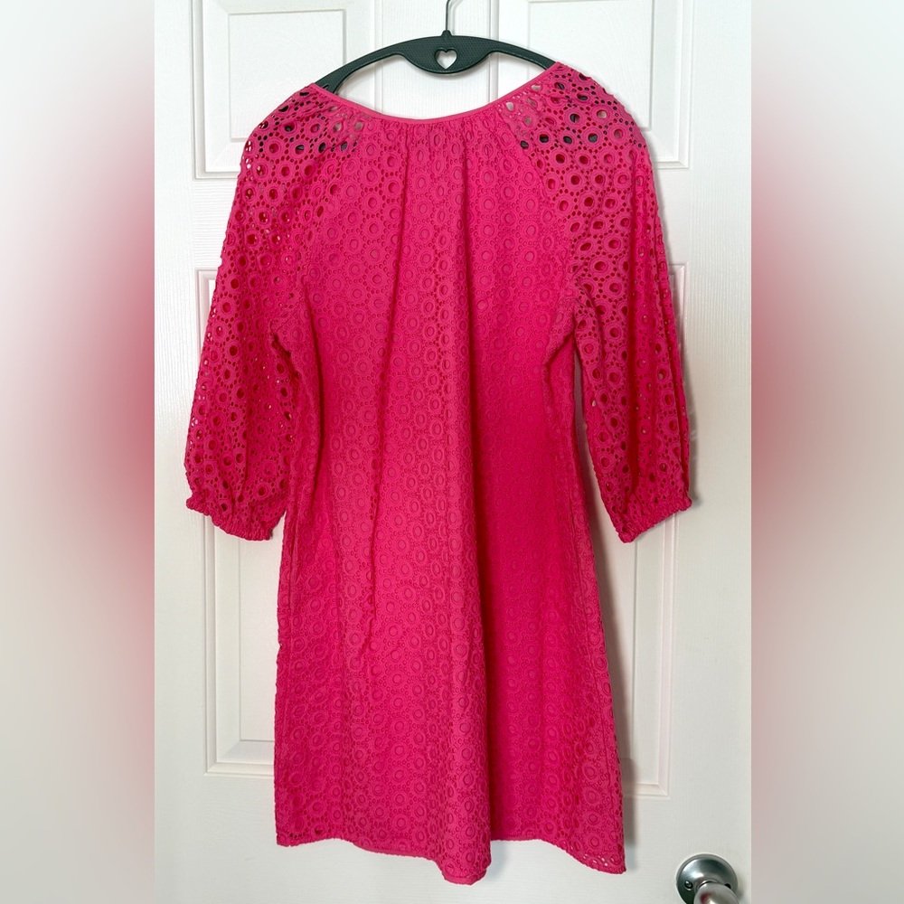 Crown & Ivy Hot Pink Eyelet Shift Dress Size 10P Cottagecore 3/4 Kentucky Derby - Picture 4 of 10